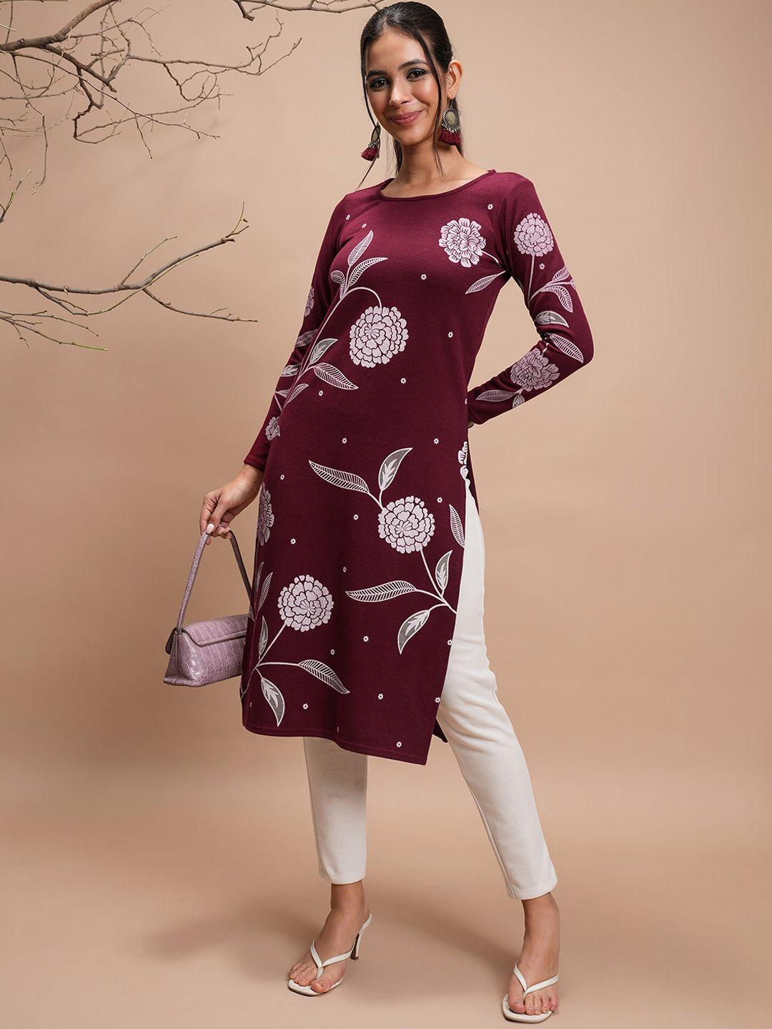 vishudh women maroon floral printed kurta