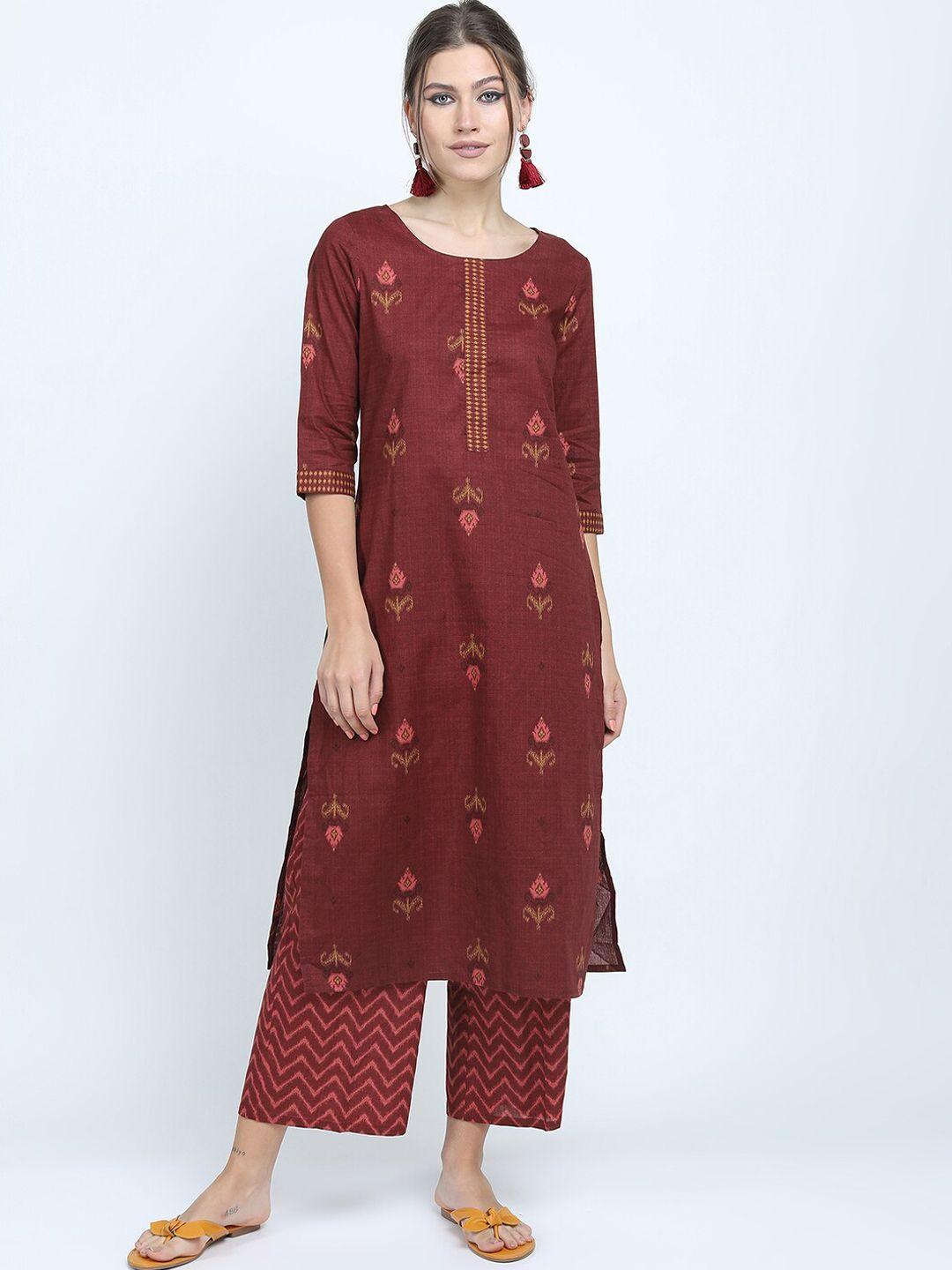 vishudh women maroon floral printed pure cotton kurta with palazzos