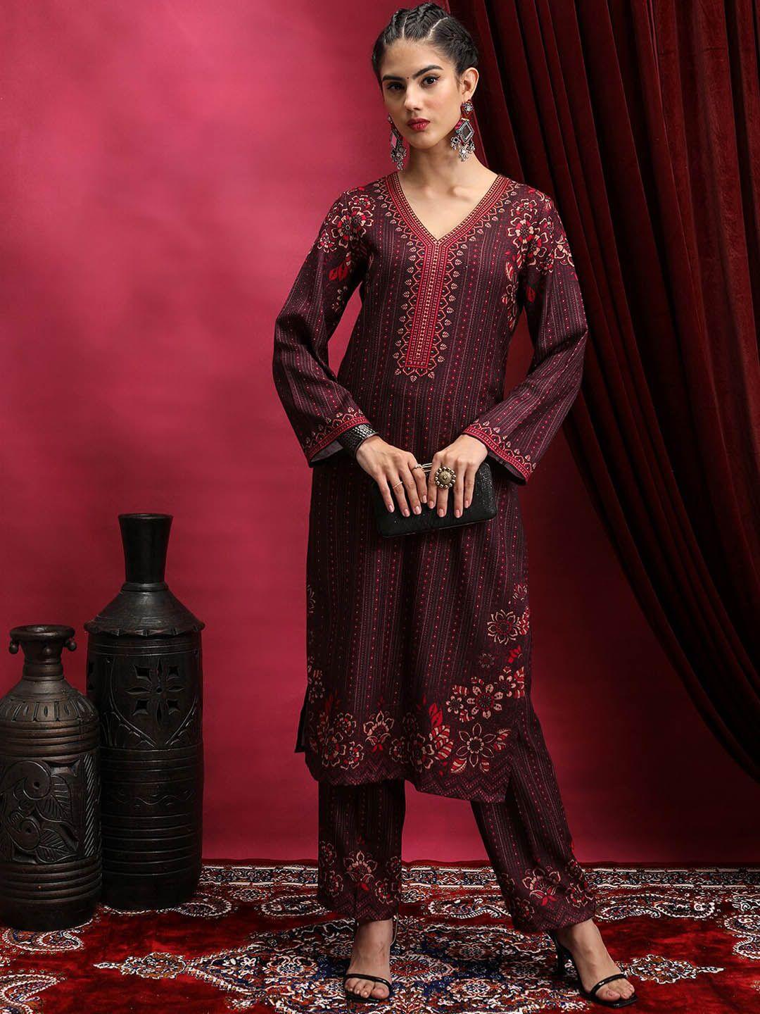 vishudh women maroon floral printed regular kurta with trousers