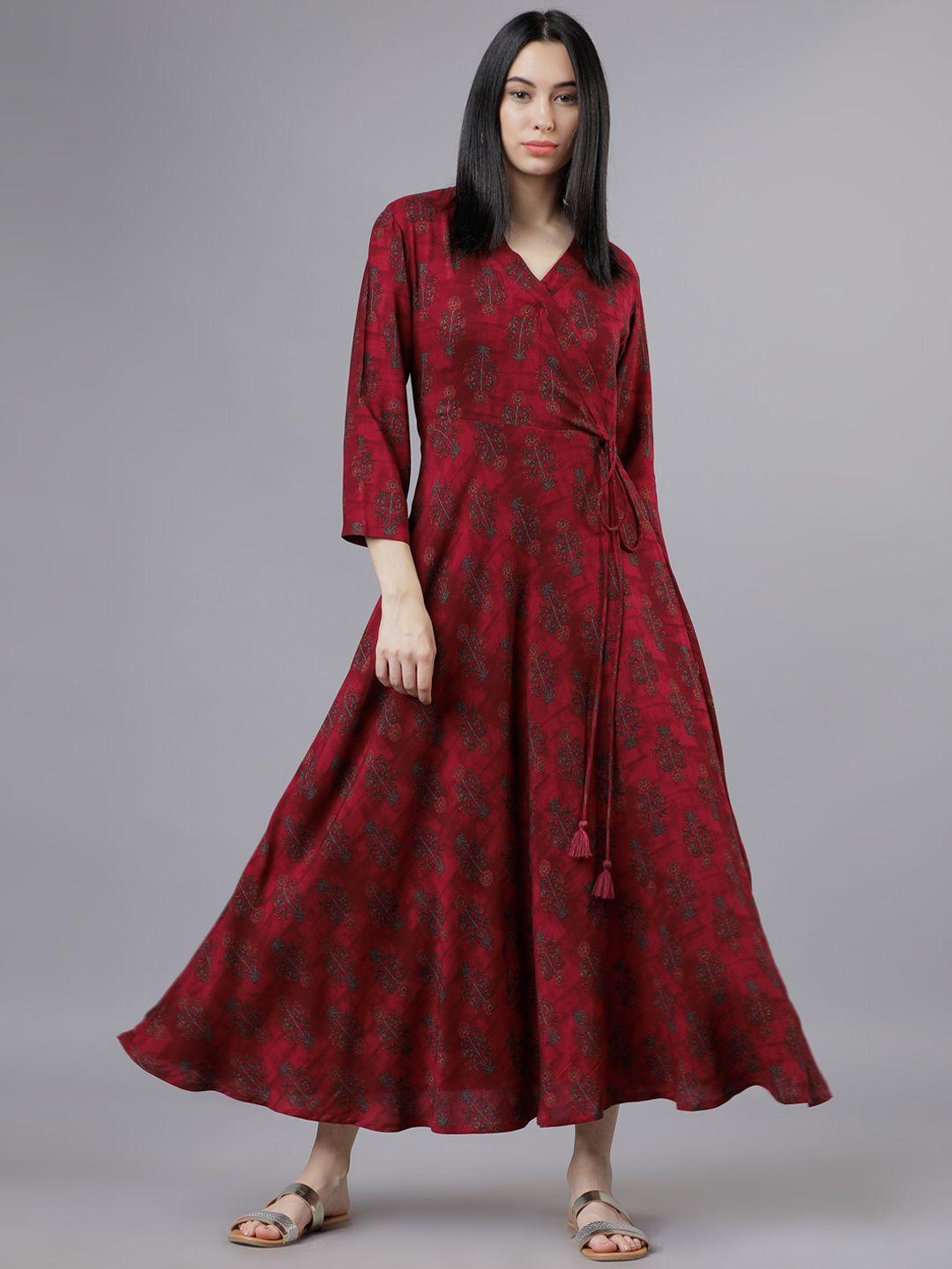 vishudh women maroon floral wrap dress