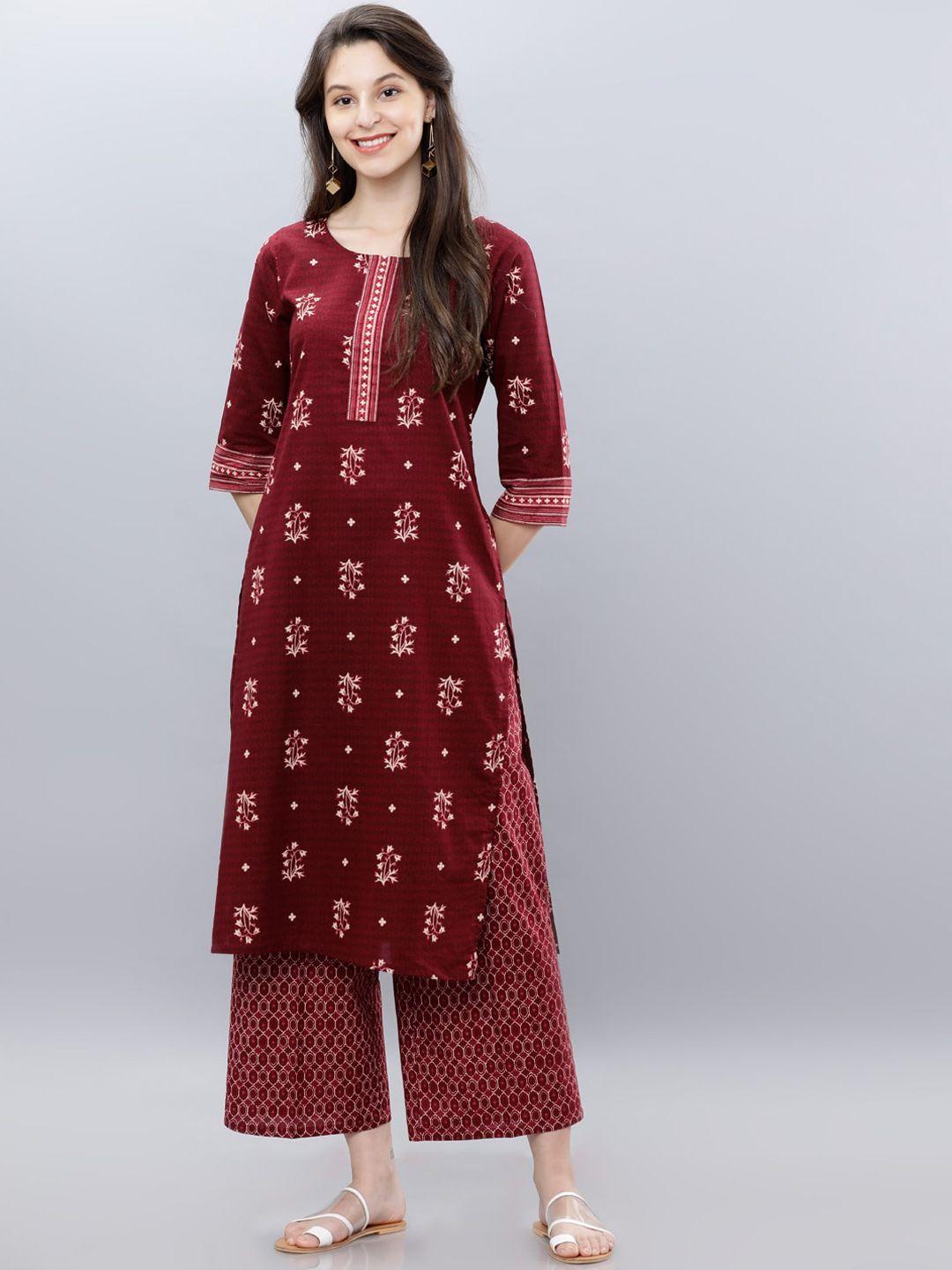 vishudh women maroon printed cotton kurta with trousers