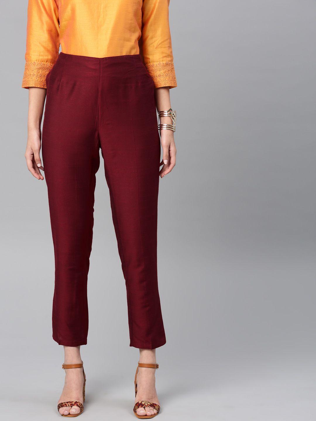 vishudh women maroon regular fit solid cropped parallel trousers
