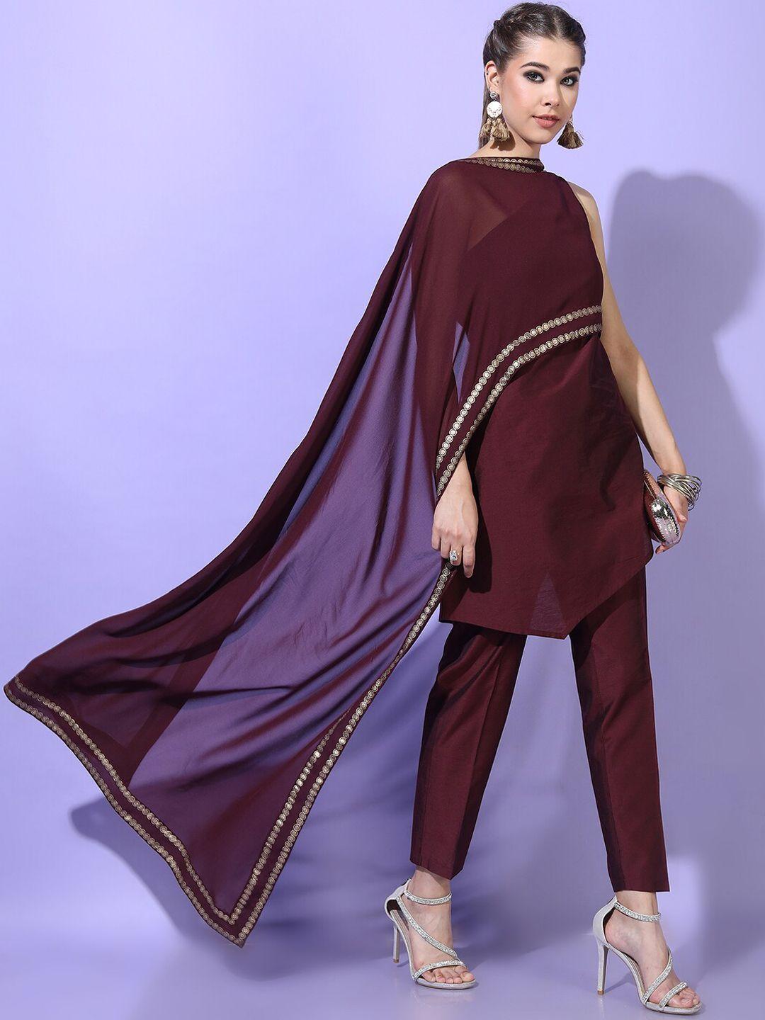 vishudh women maroon solid poly georgette kurta with trouser