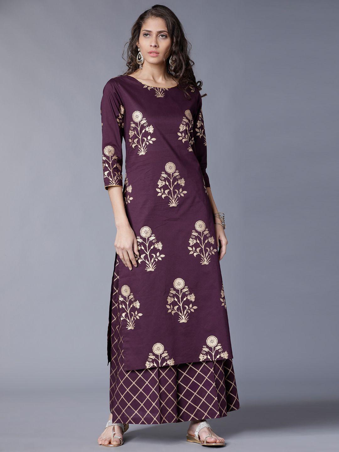 vishudh women mauve & gold-toned printed kurta with palazzos