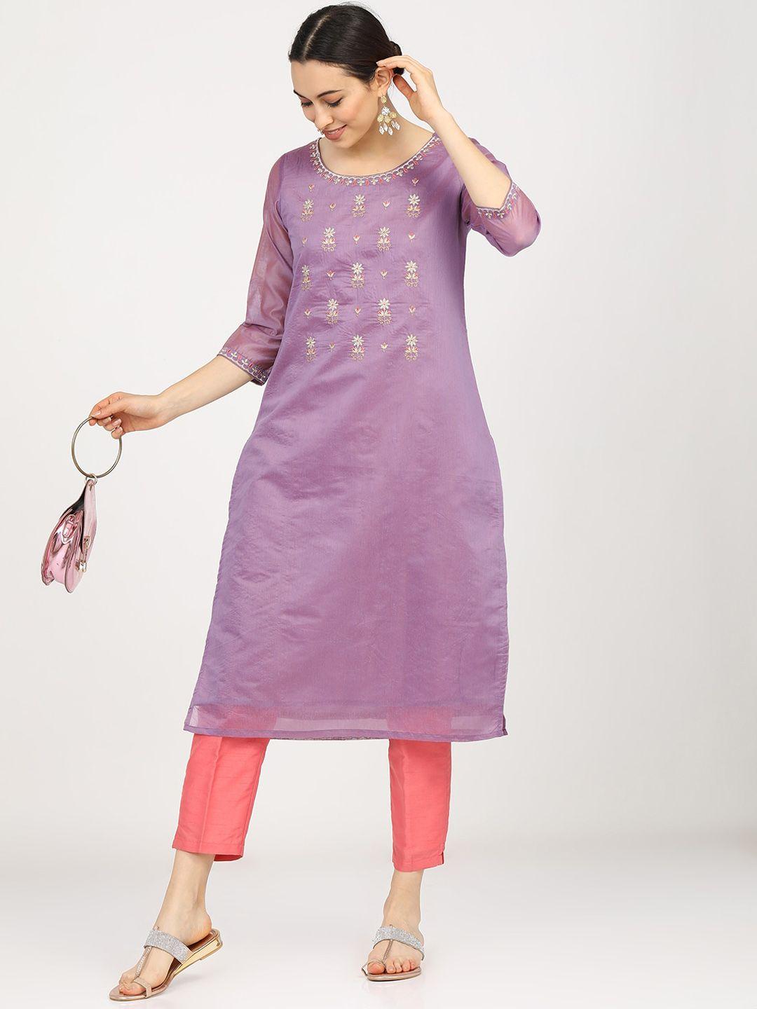 vishudh women mauve ethnic motifs embroidered straight kurta