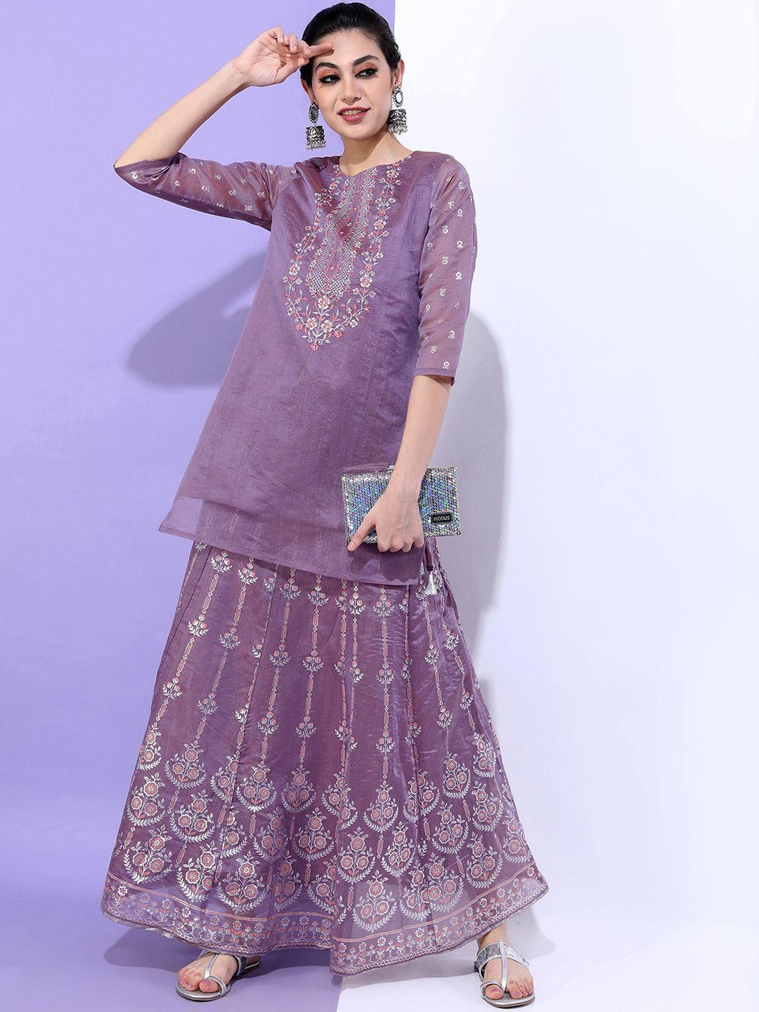 vishudh women mauve floral yoke design chanderi cotton top with skirt & with dupatta