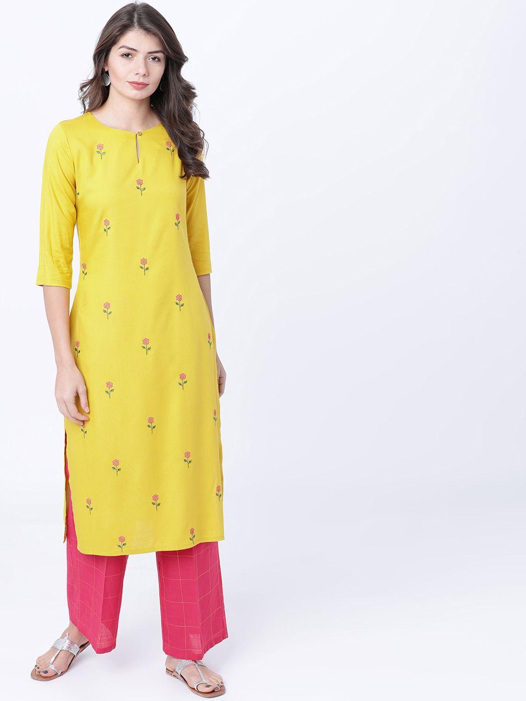 vishudh women mustard embroidered kurta with palazzos