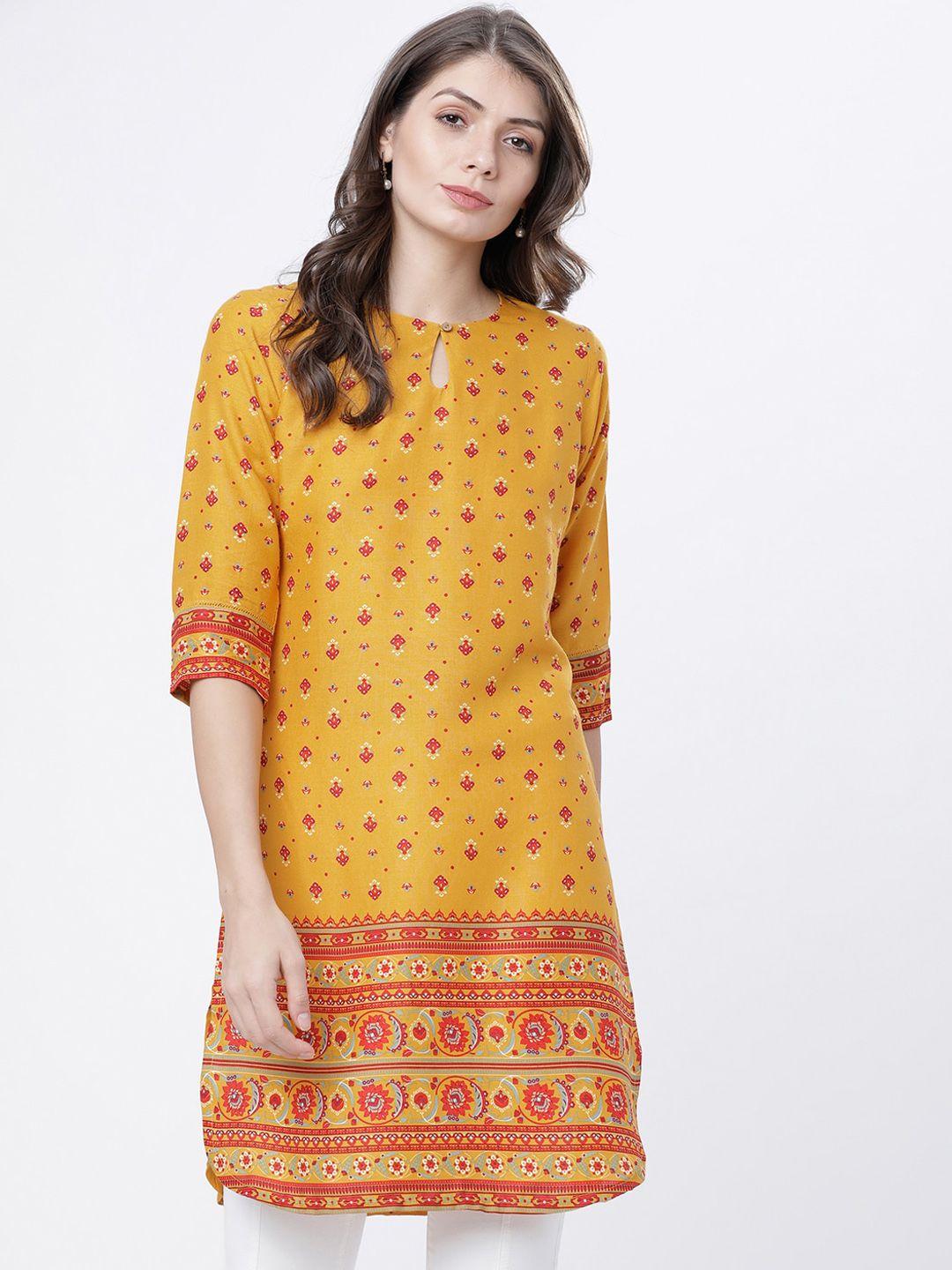 vishudh women mustard yellow & red floral print kurti
