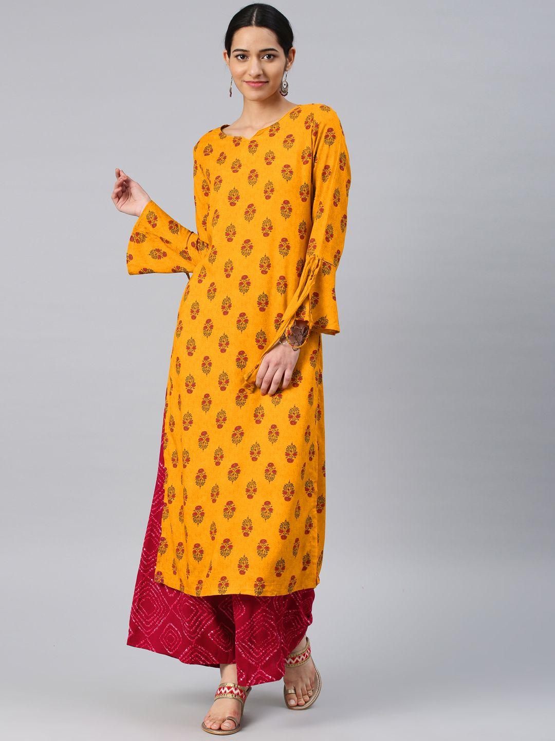 vishudh women mustard yellow & red printed kurta with palazzos
