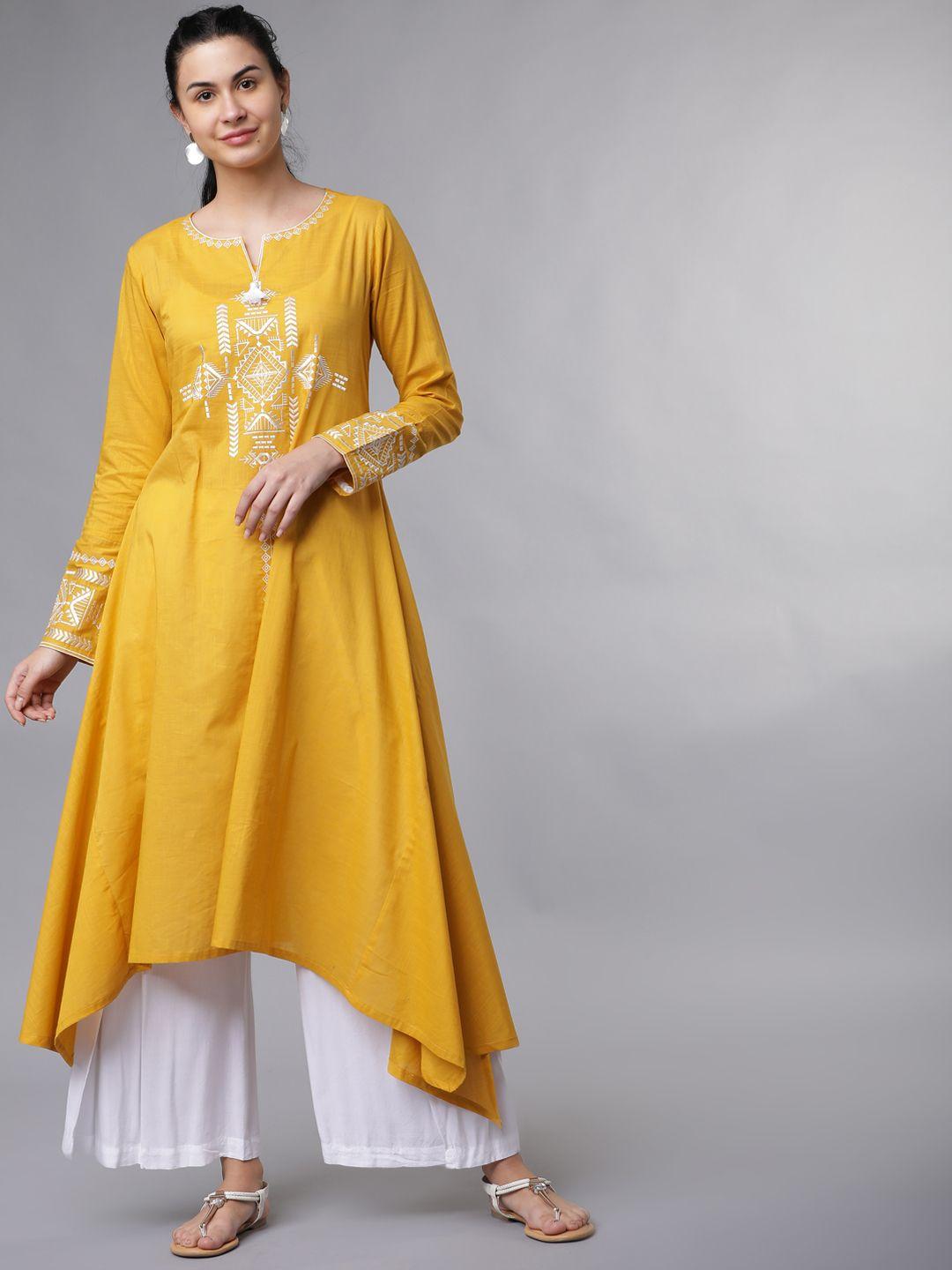 vishudh women mustard yellow & white embroidered asymmetric a-line kurta