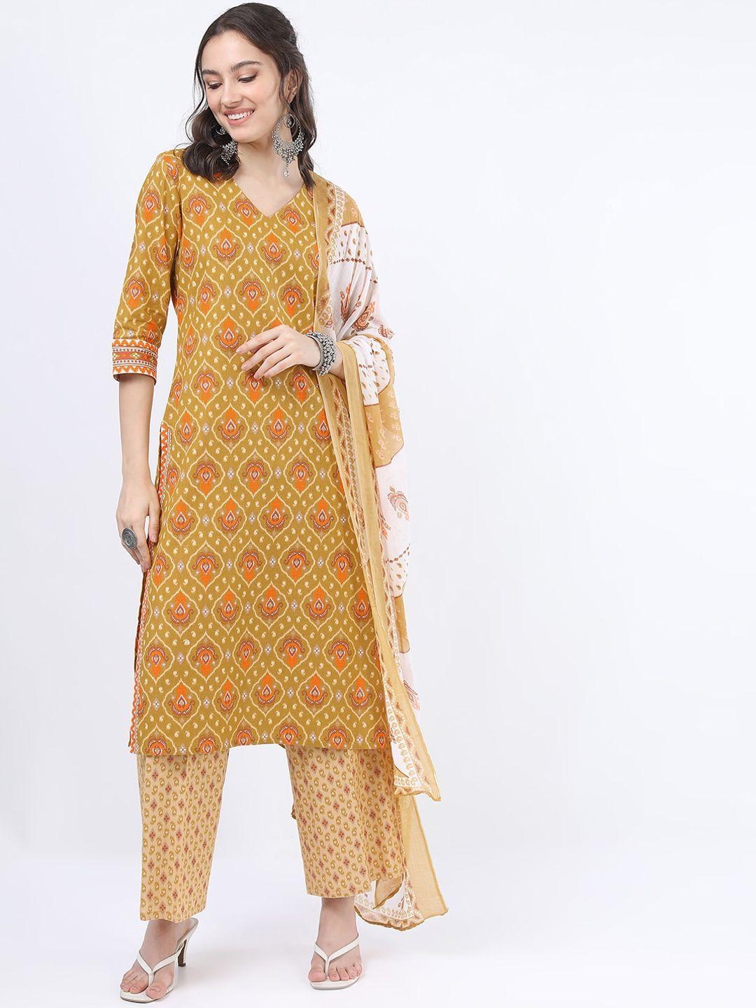 vishudh women mustard yellow ethnic motifs printed pure cotton kurti with trousers & with dupatta