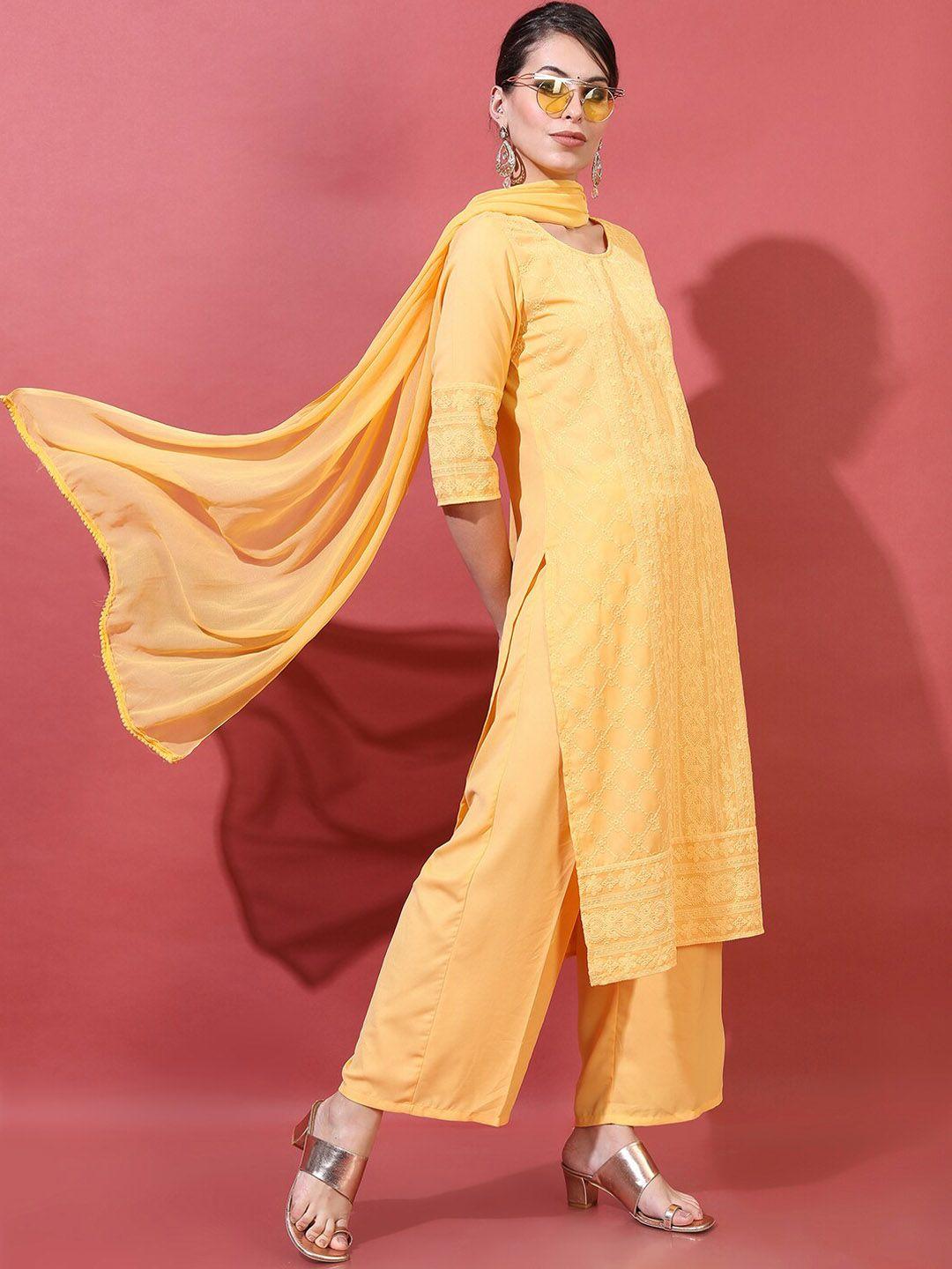 vishudh women mustard yellow floral embroidered kurta with palazzos & with dupatta