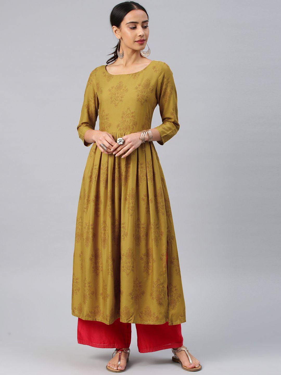 vishudh women mustard yellow floral print a-line kurta