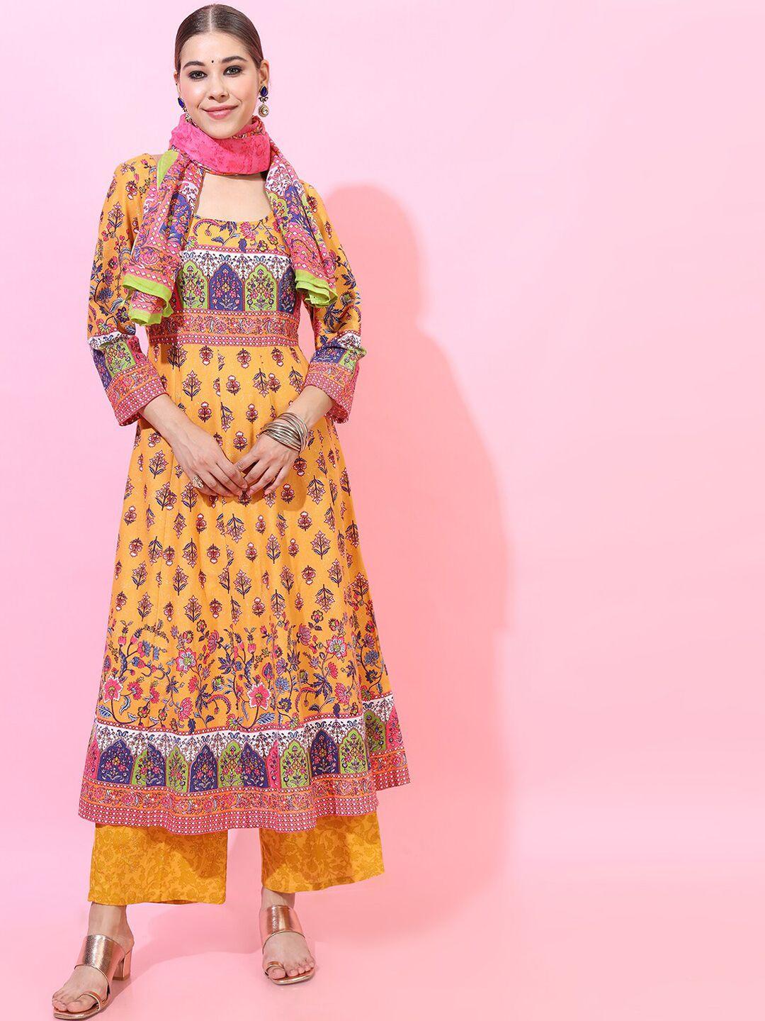 vishudh women mustard yellow floral printed empire pure cotton kurta with palazzos