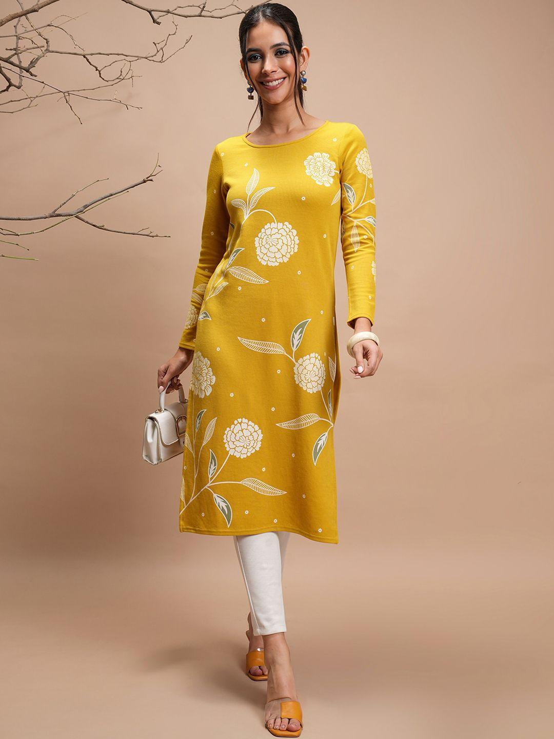 vishudh women mustard yellow floral printed kurta