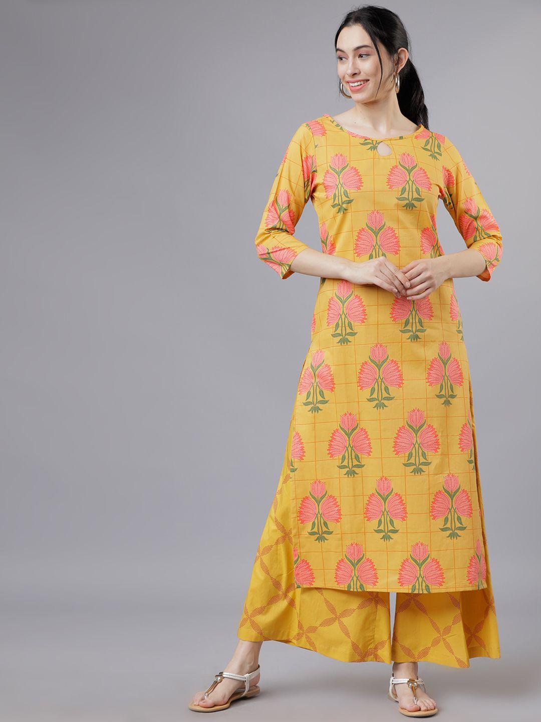 vishudh women mustard yellow printed kurta with palazzos