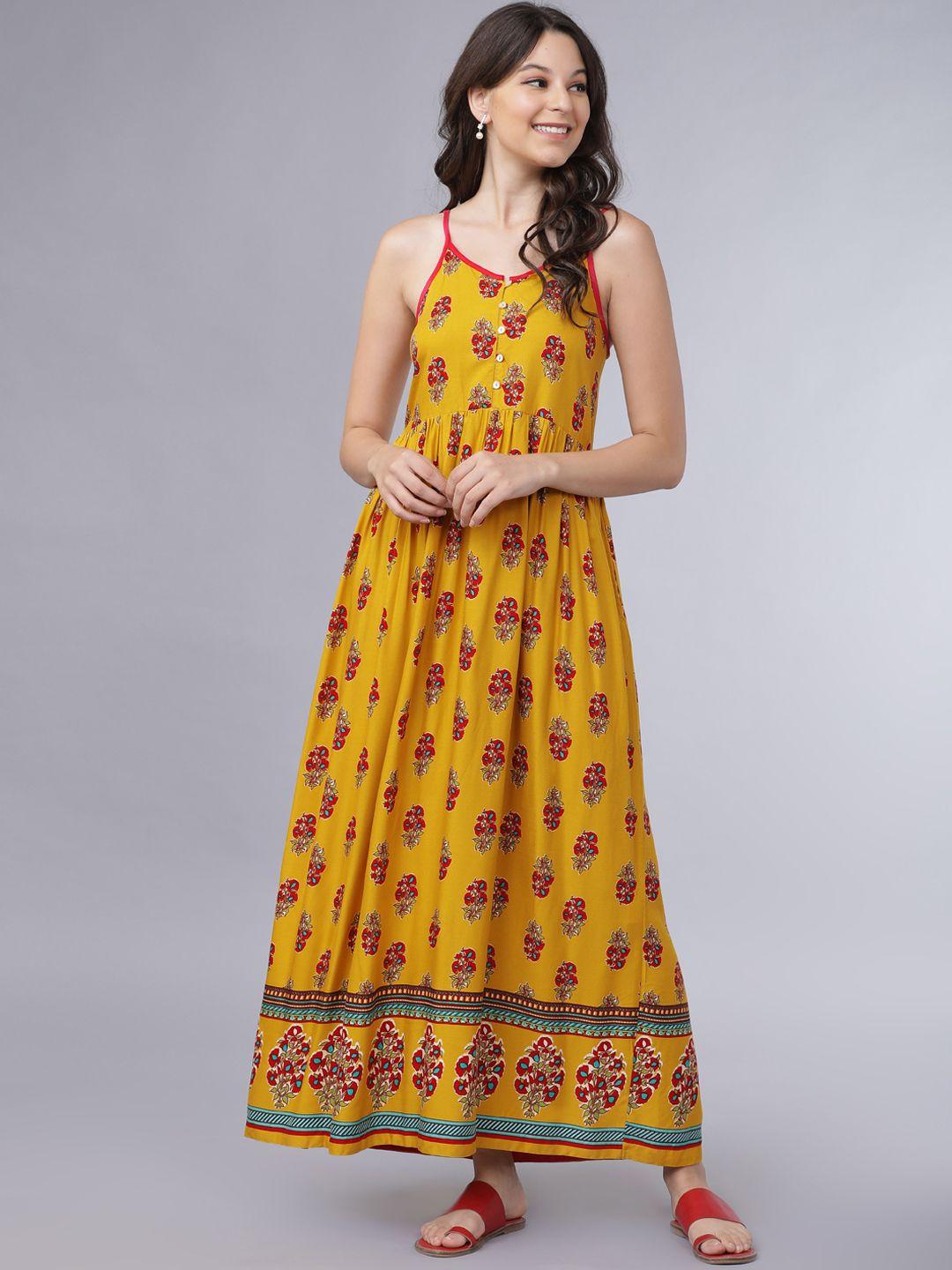 vishudh women mustard yelow & red floral print fit and flare dress