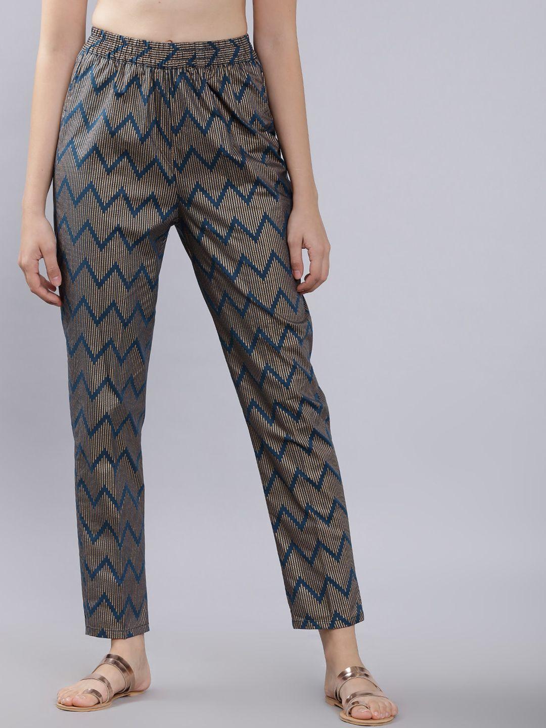 vishudh women navy blue & gold slim fit chevron print regular trousers