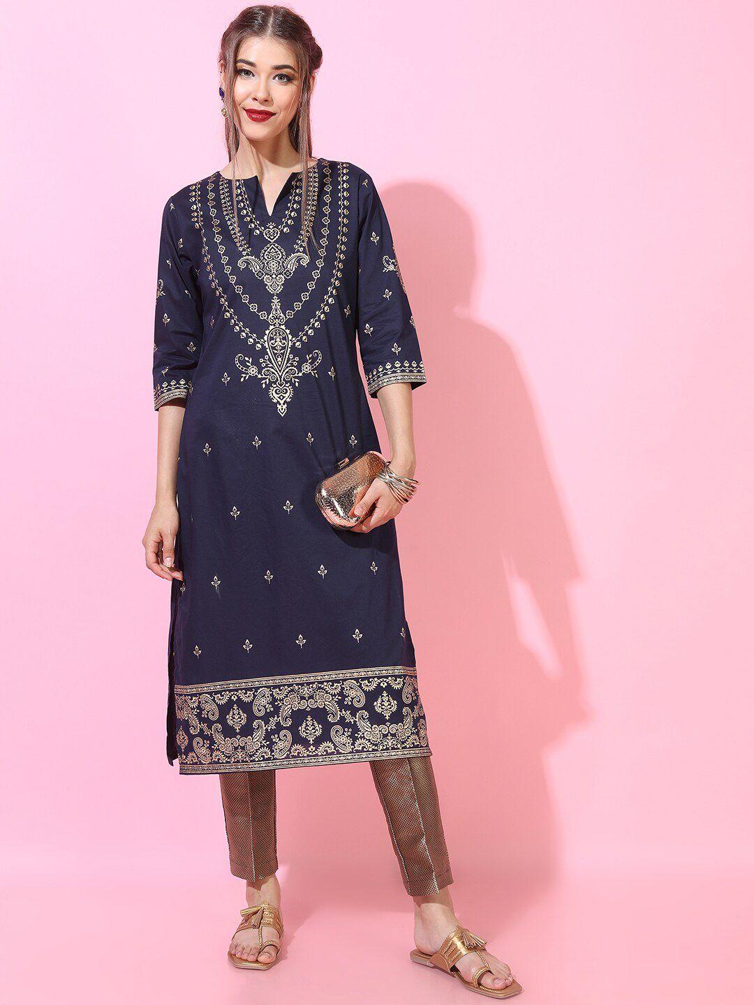 vishudh women navy blue & gold-toned ethnic motifs printed kurta