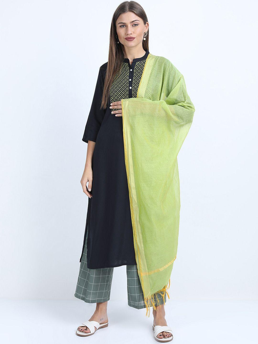 vishudh women navy blue & green printed straight kurti with trousers & dupatta