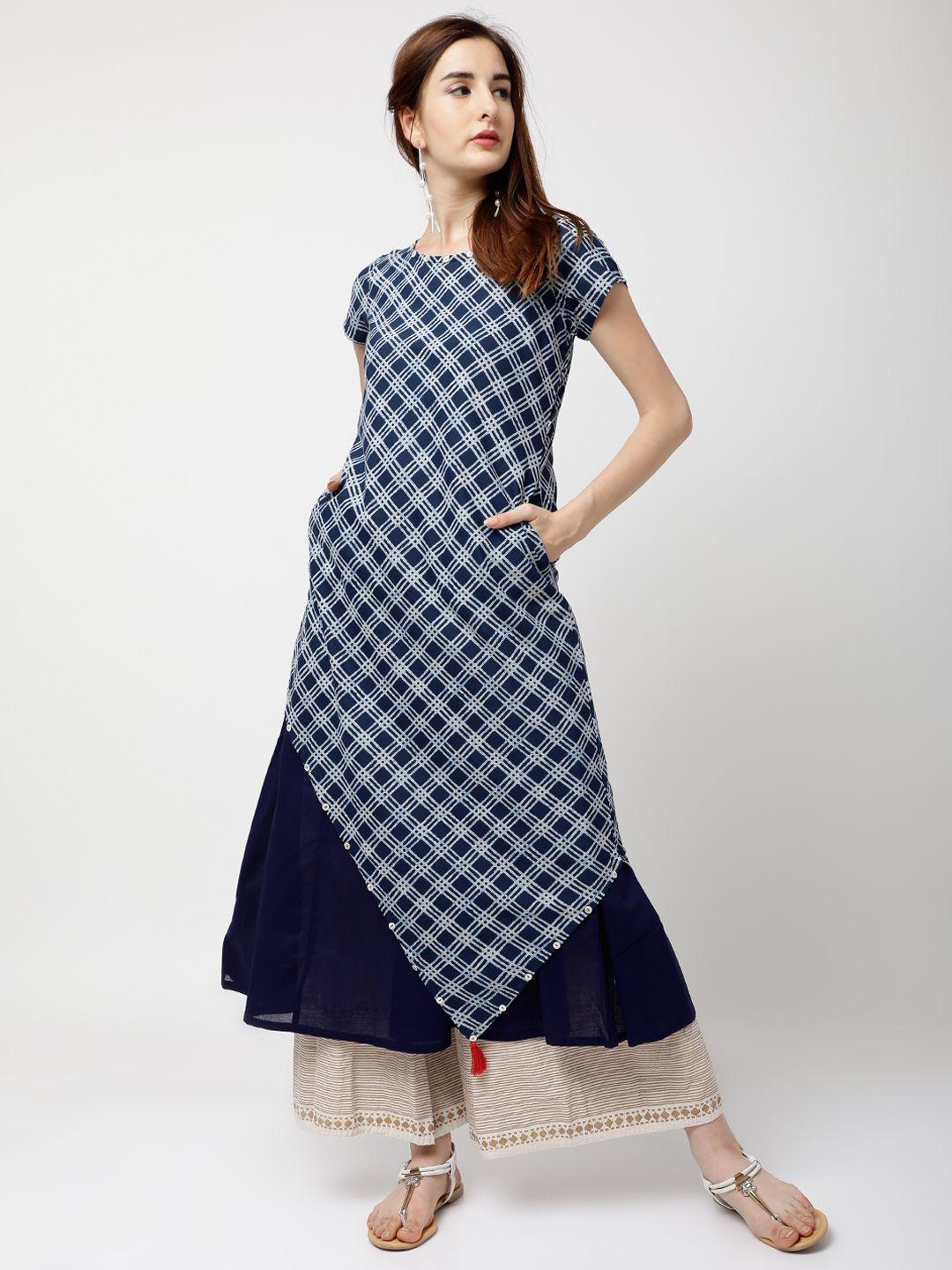 vishudh women navy blue & off-white printed a-line kurta