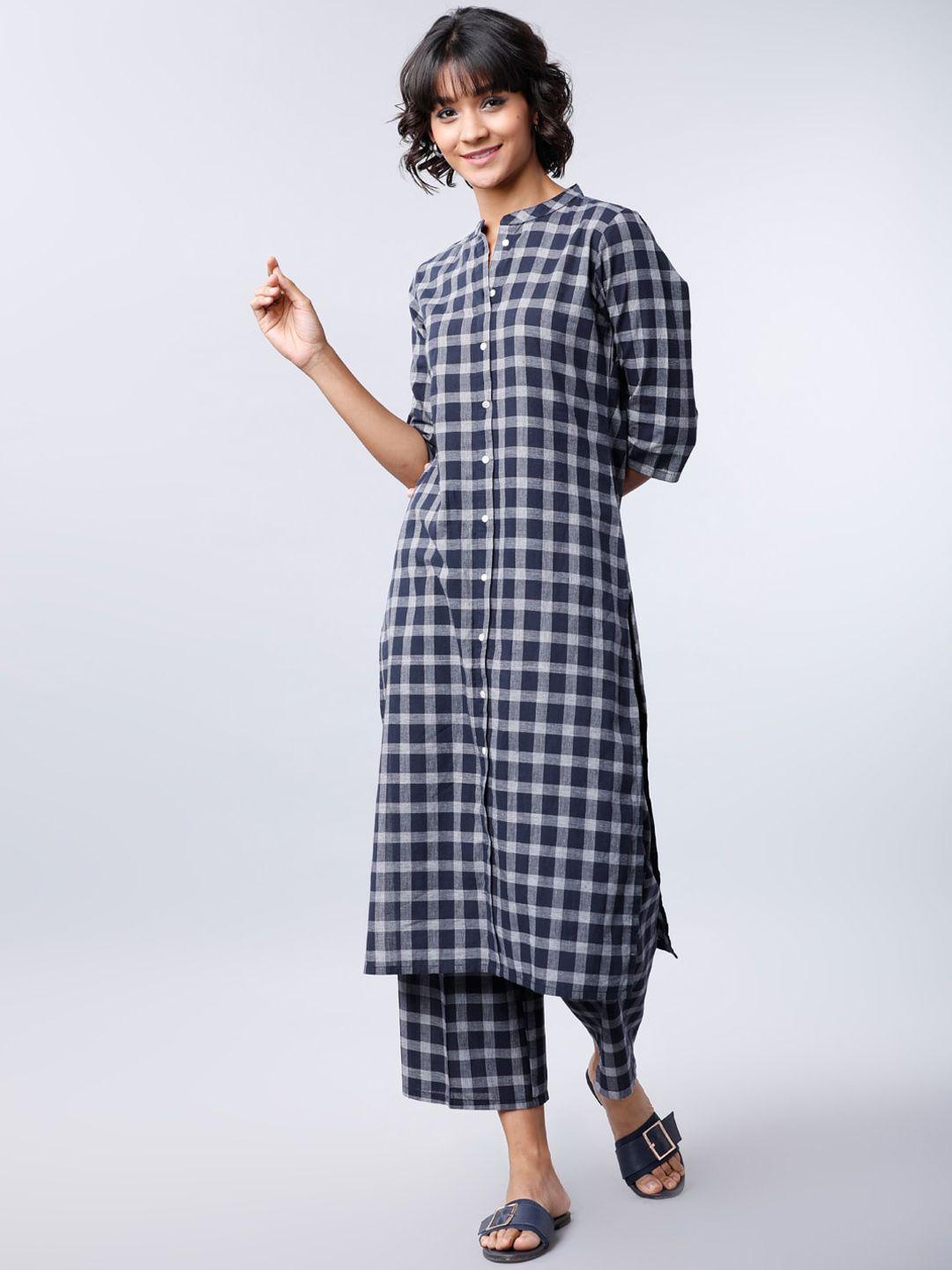 vishudh women navy blue & off-white printed kurta with trousers