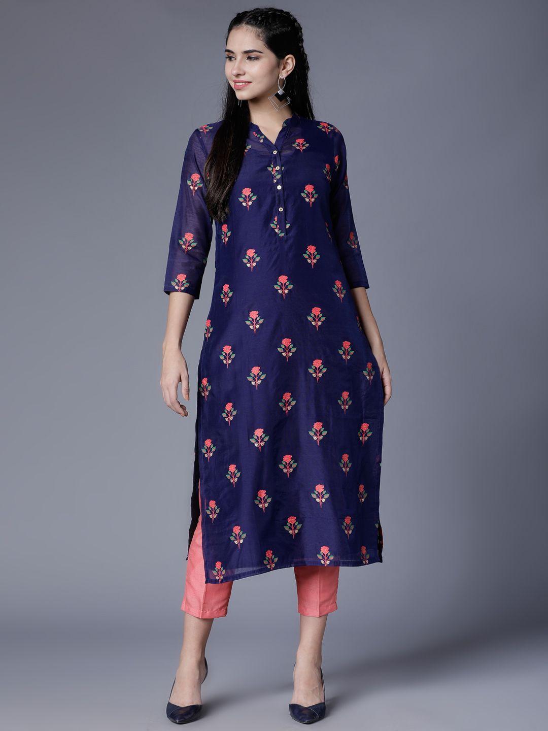 vishudh women navy blue & pink floral printed straight kurta