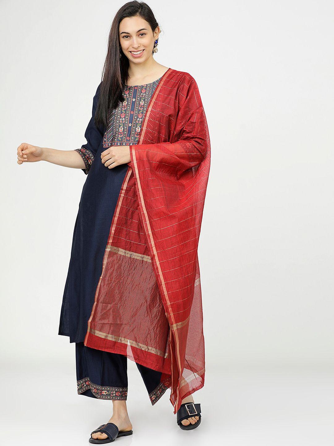 vishudh women navy blue & red ethnic motifs yoke design kurta with trousers & dupatta