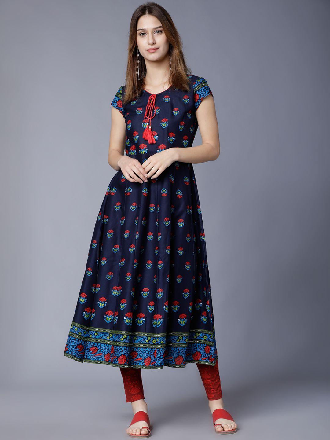 vishudh women navy blue & red floral printed a-line kurta