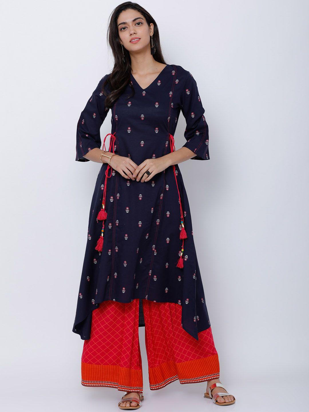 vishudh women navy blue & red printed asymmetric a-line kurta