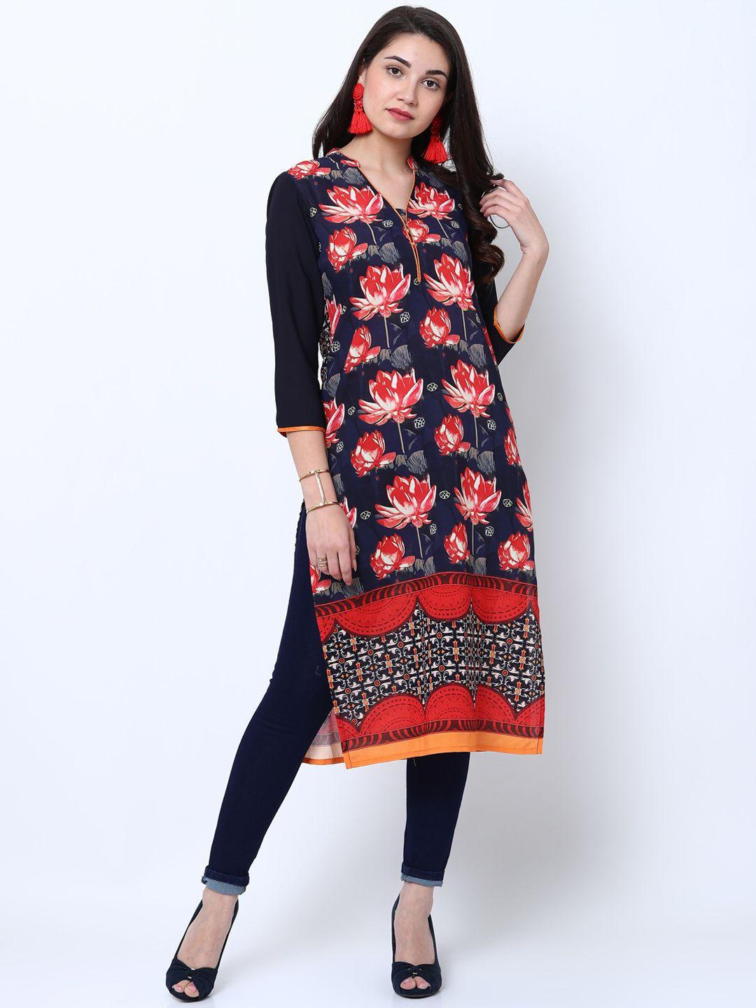 vishudh women navy blue & rust floral printed straight kurta