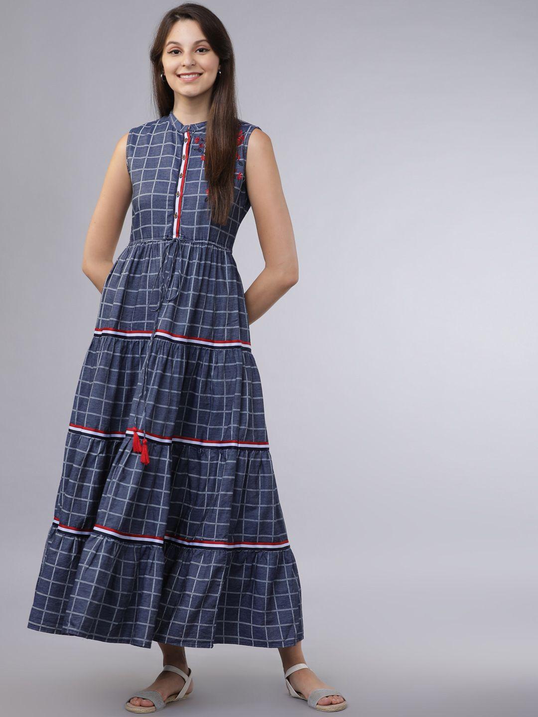 vishudh women navy blue & white checked maxi dress