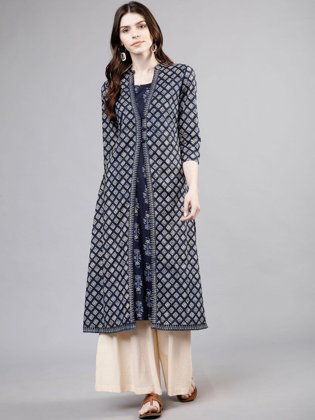 vishudh women navy blue & white printed a-line kurta