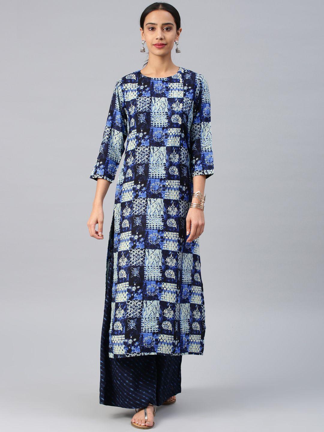 vishudh women navy blue & white printed kurta with palazzos