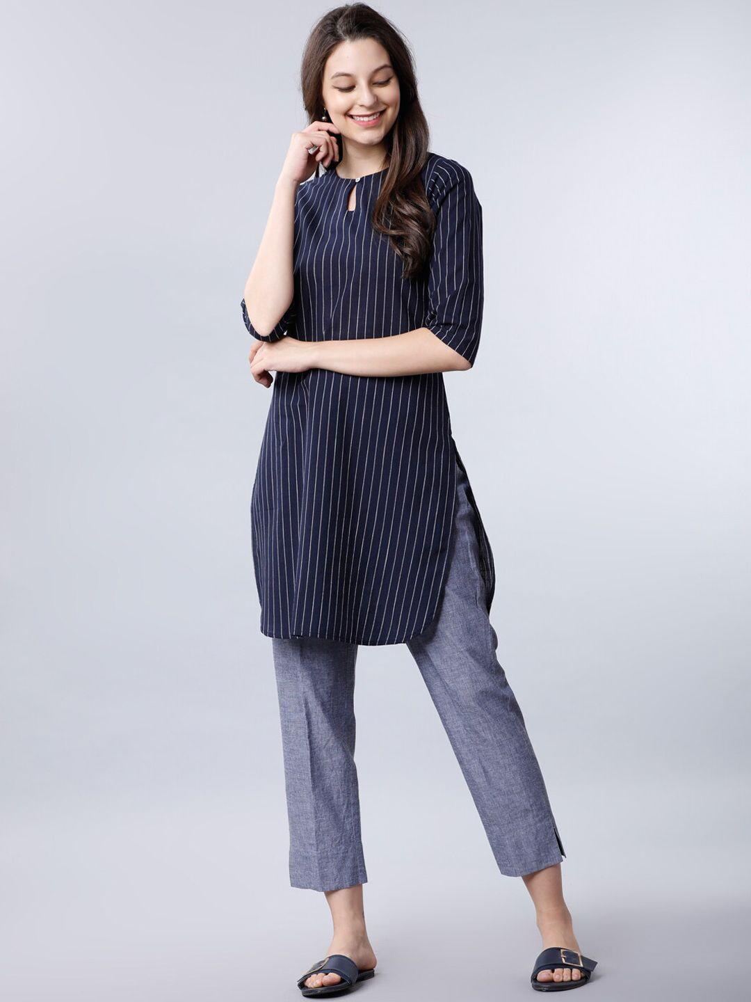 vishudh women navy blue & white striped tunic