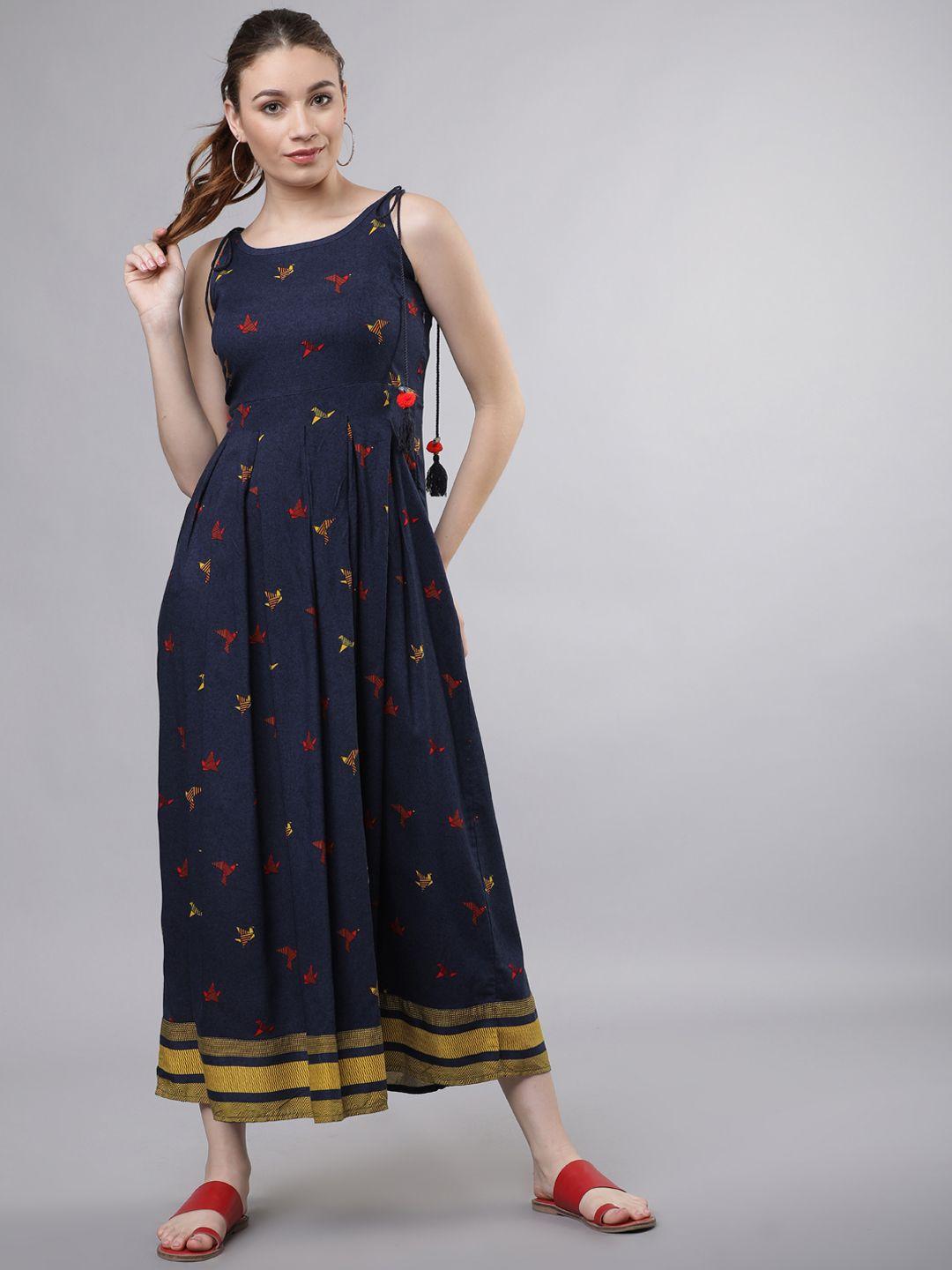 vishudh women navy blue birds printed ethnic maxi dress