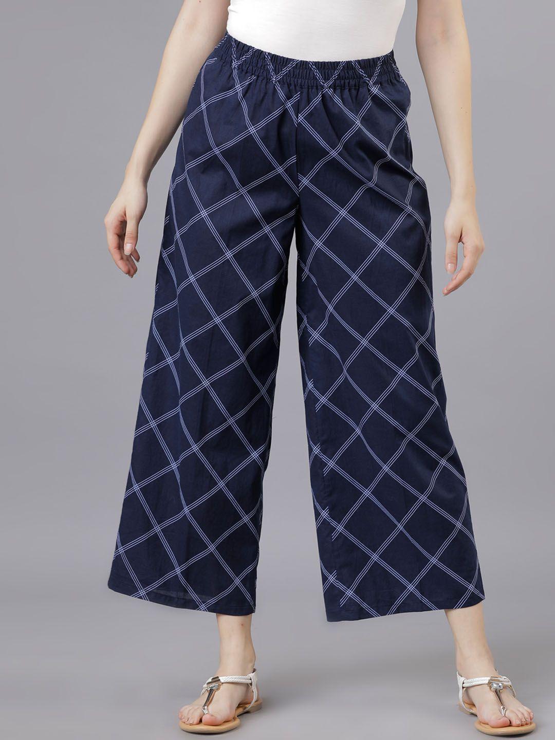 vishudh women navy blue checked straight palazzos