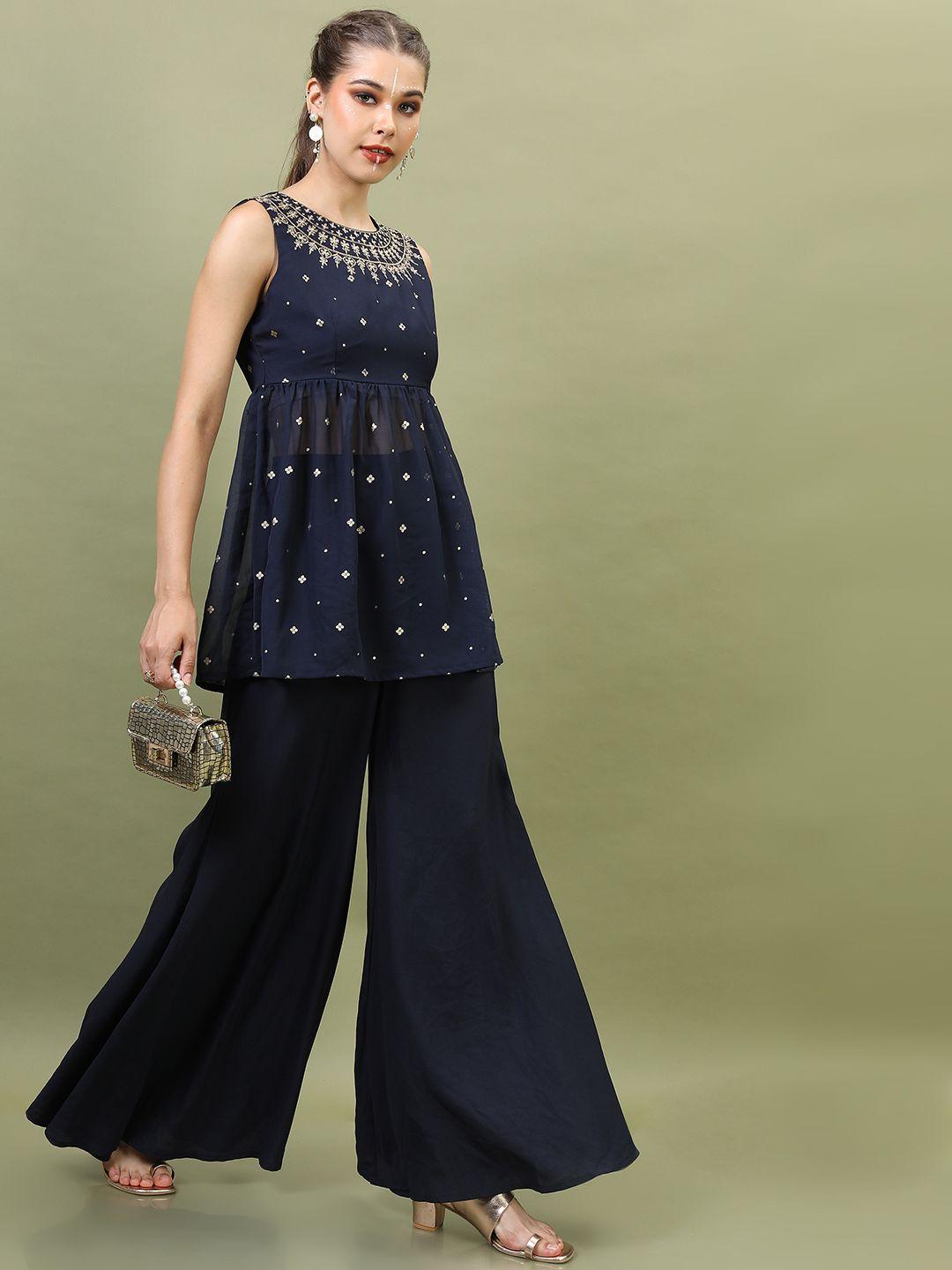 vishudh women navy blue ethnic motifs embroidered empire kurti with palazzos & with dupatta