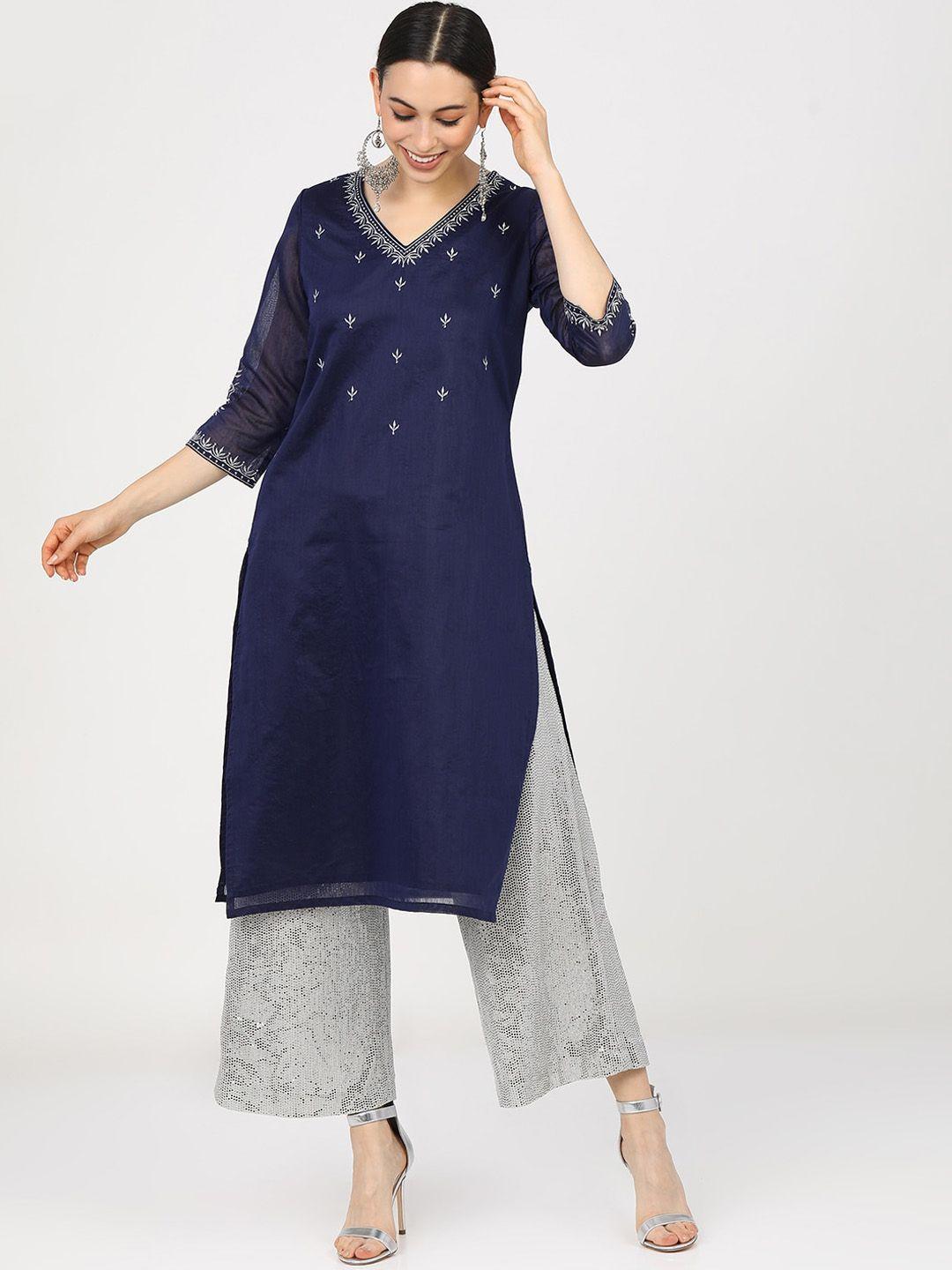 vishudh women navy blue ethnic motifs embroidered kurta