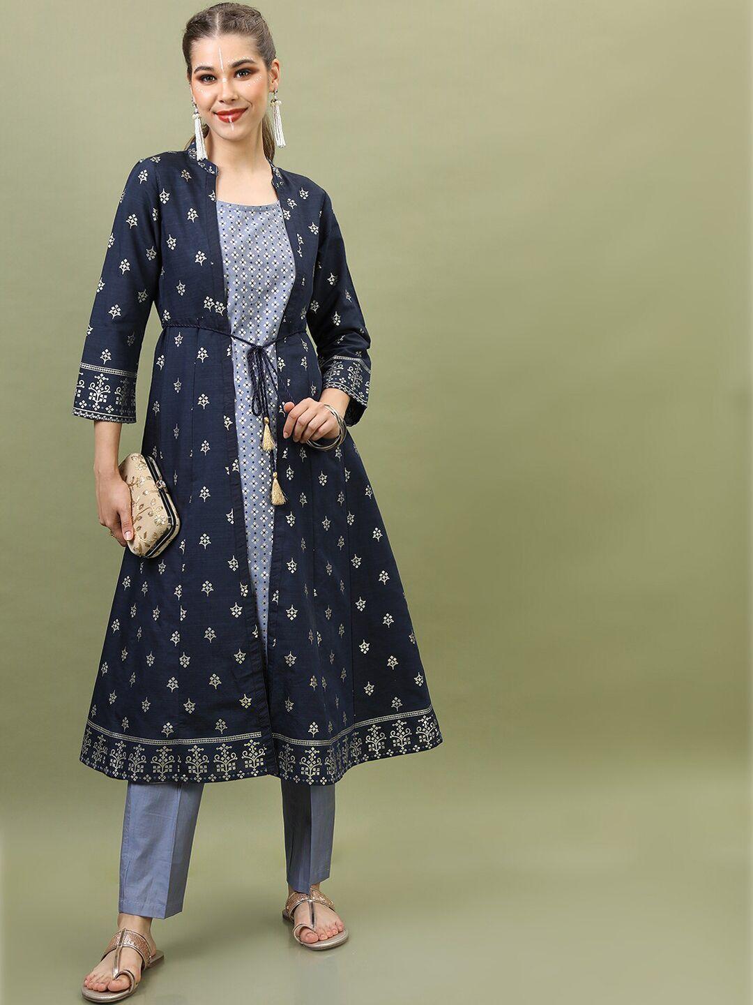 vishudh women navy blue ethnic motifs printed kurta with trousers & with jacket