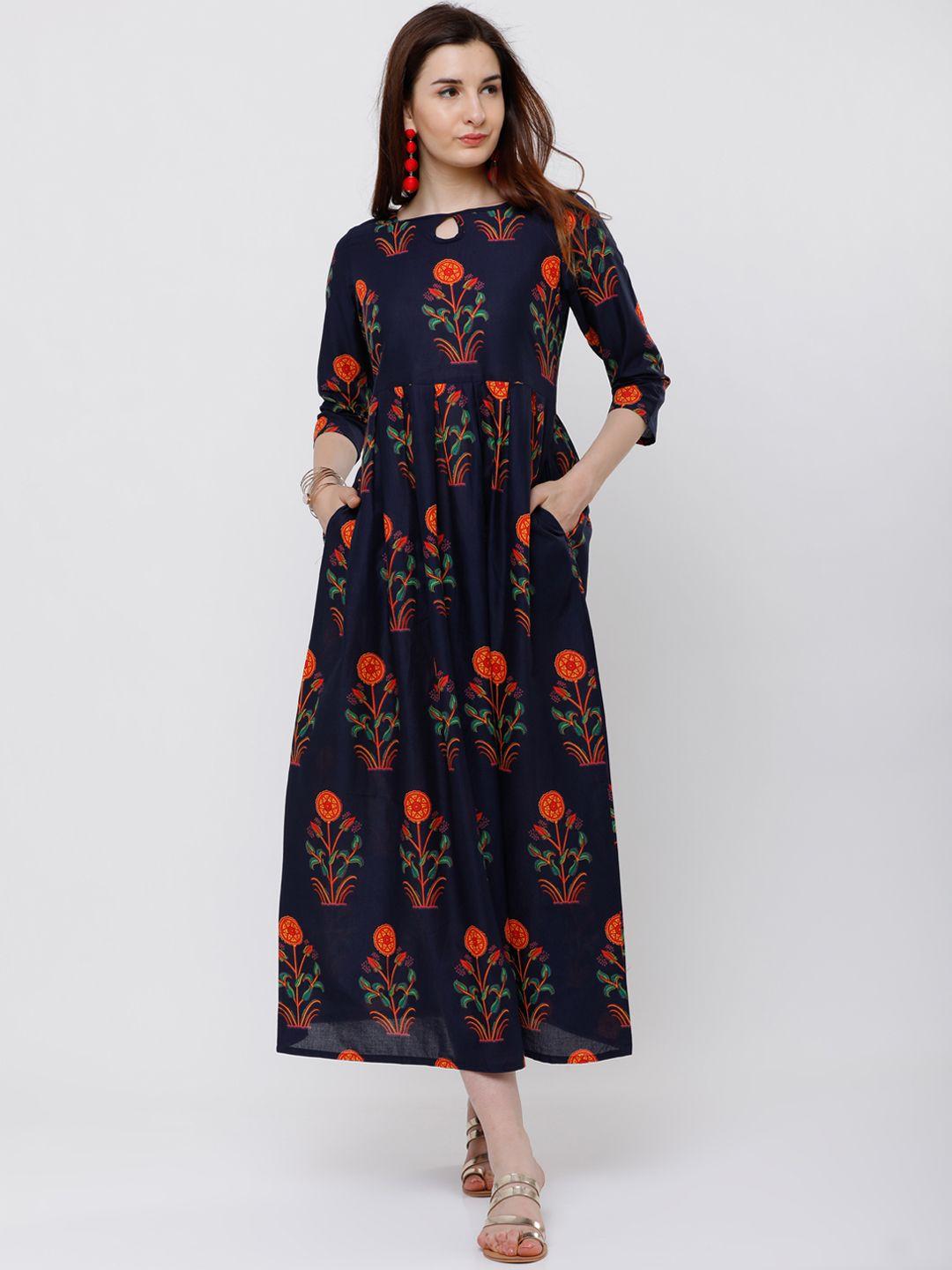 vishudh women navy blue floral printed ethnic maxi dress