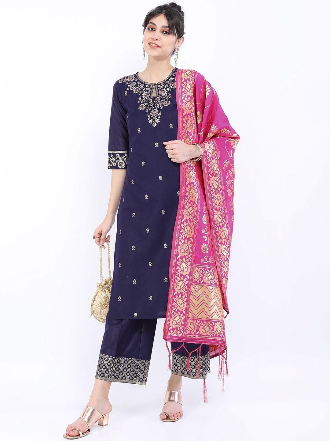 vishudh women navy blue floral printed kurta with palazzos & with dupatta