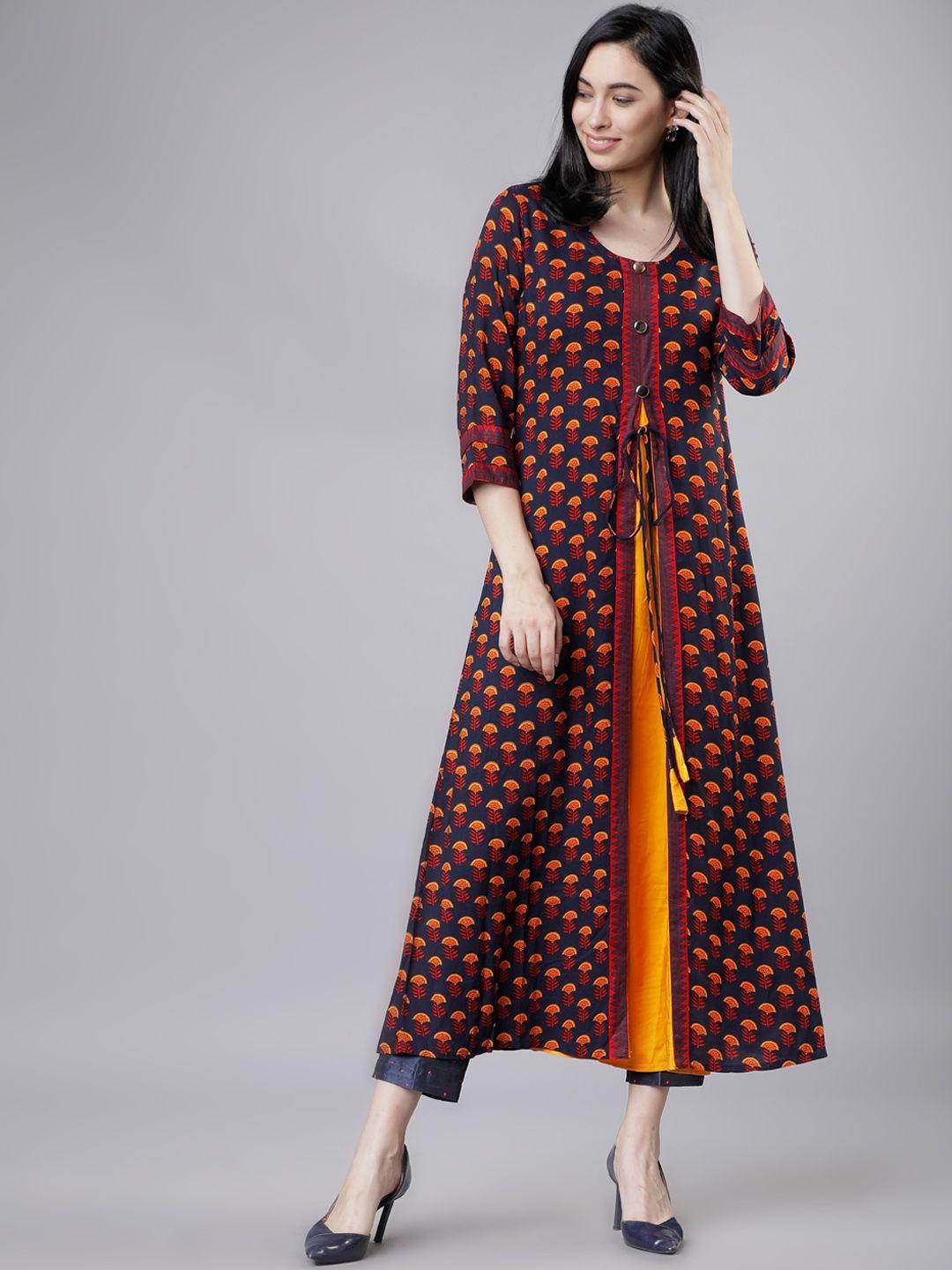 vishudh women navy blue printed a-line kurta