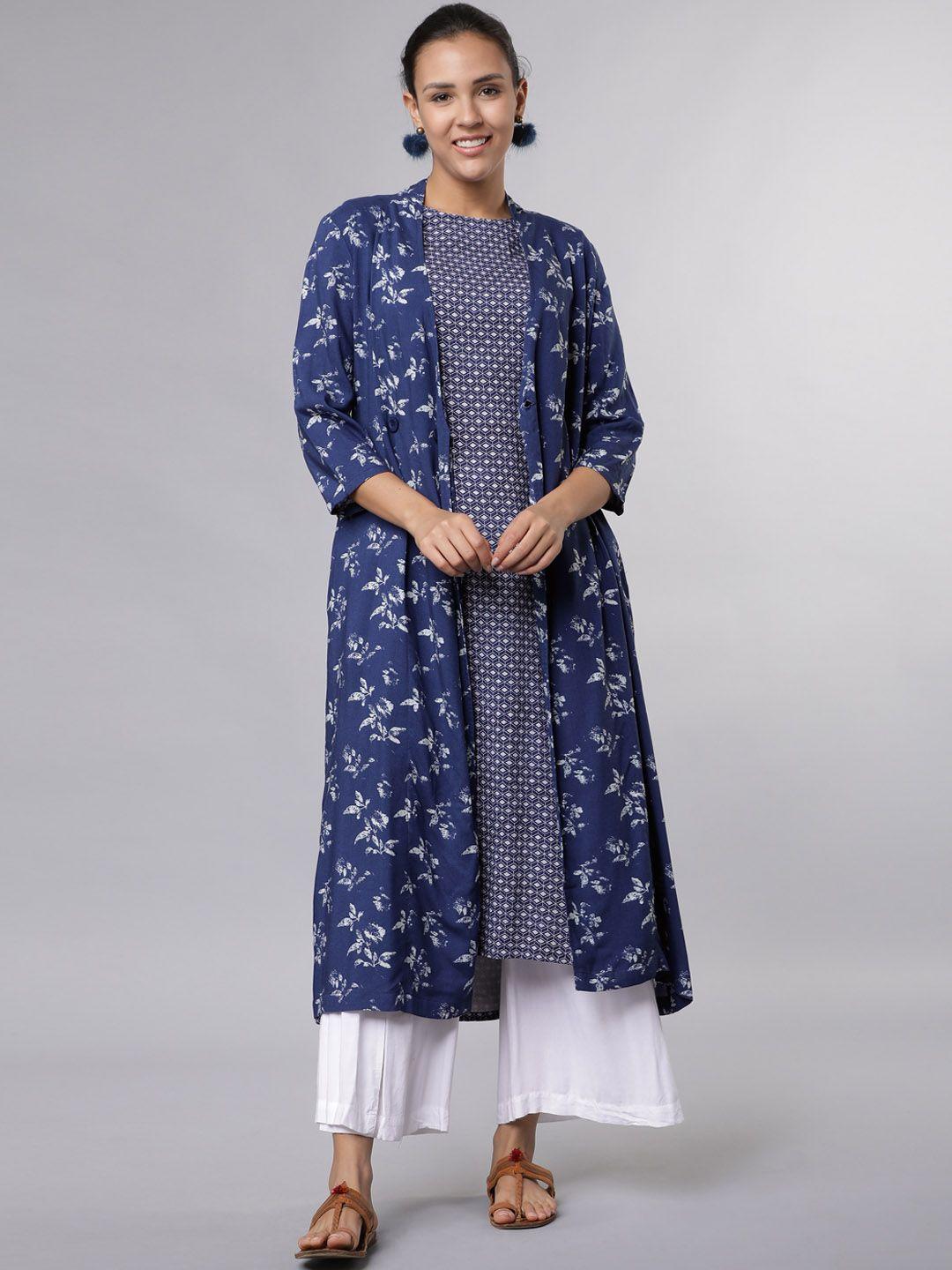 vishudh women navy blue printed a-line kurta