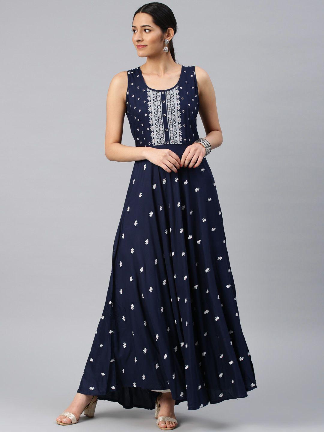 vishudh women navy blue printed anarkali kurta