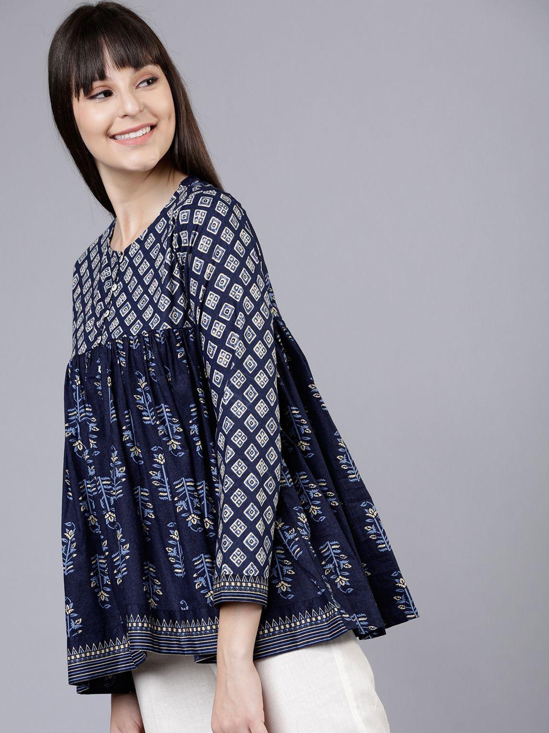 vishudh women navy blue printed empire tunic