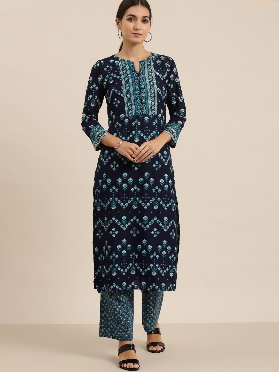 vishudh women navy blue printed kurta with palazzos