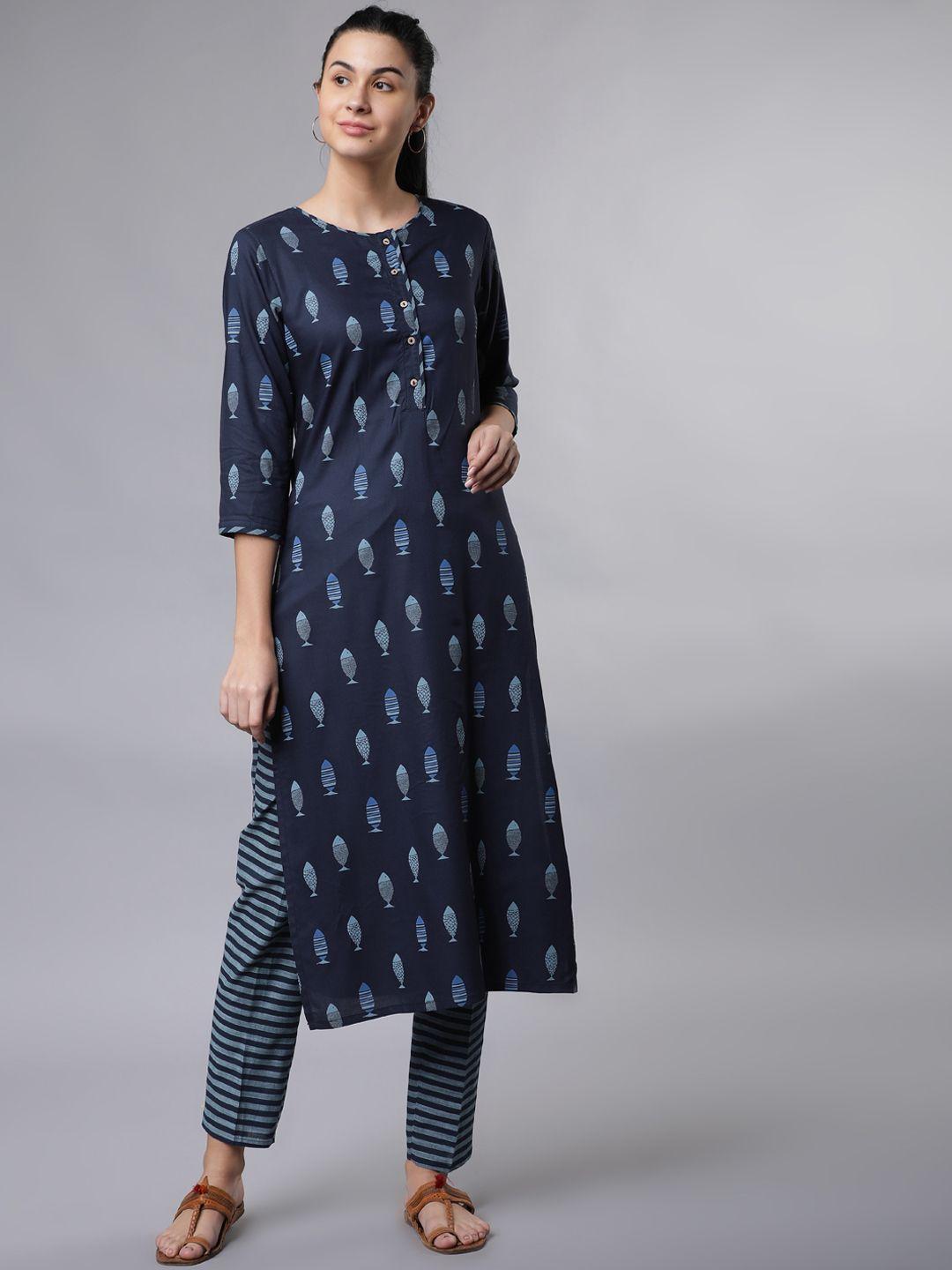 vishudh women navy blue printed kurta with trousers