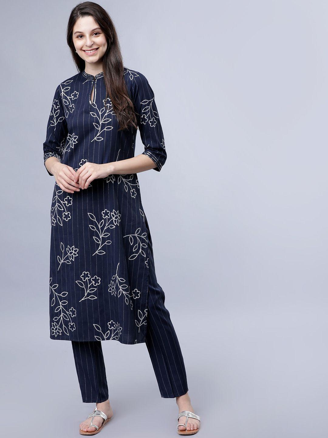 vishudh women navy blue printed kurta with trousers