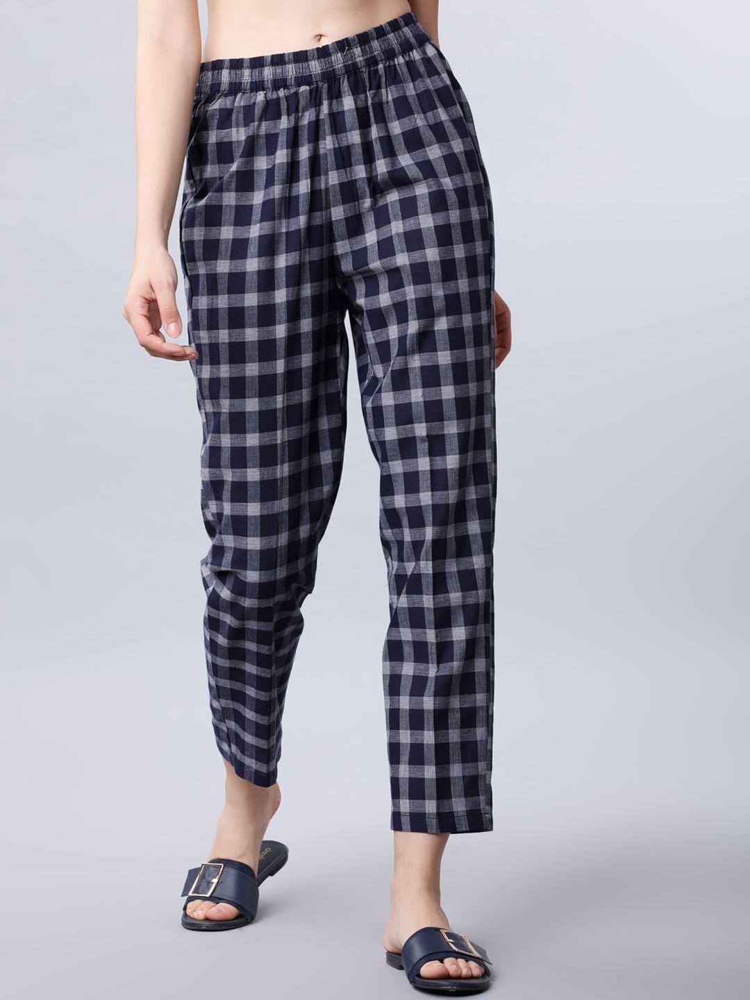 vishudh women navy blue slim fit checked regular trousers